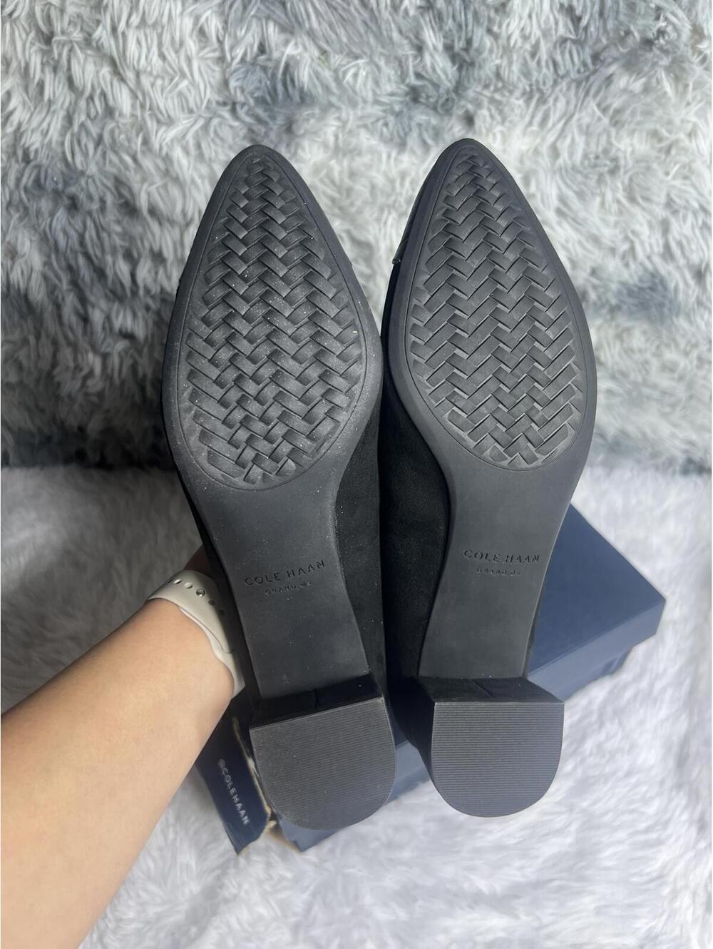 Cole Haan Black Low Block Heel Pumps with Croc-Embossed Toe - Picture 7 of 9